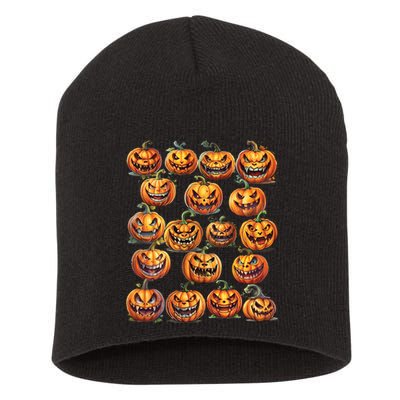 Jack O Lantern Scary Carved Pumpkin Faces Halloween Short Acrylic Beanie