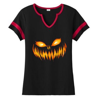 Jack O Lantern Scary Carved Pumpkin Face Halloween Ladies Halftime Notch Neck Tee