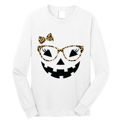 Jack O Lantern Face Leopard Glasses Halloween Pumpkin Women Long Sleeve Shirt