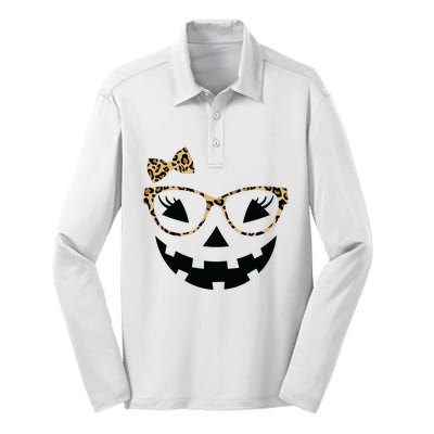 Jack O Lantern Face Leopard Glasses Halloween Pumpkin Women Silk Touch Performance Long Sleeve Polo