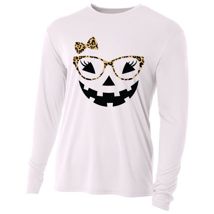 Jack O Lantern Face Leopard Glasses Halloween Pumpkin Women Cooling Performance Long Sleeve Crew