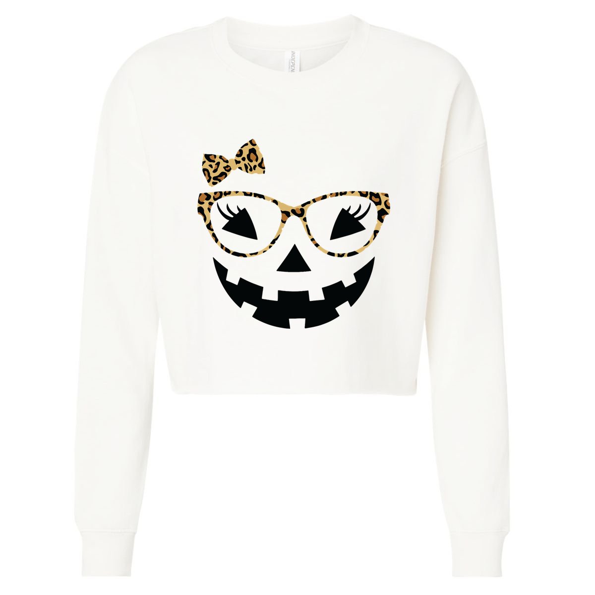 Jack O Lantern Face Leopard Glasses Halloween Pumpkin Women Cropped Pullover Crew