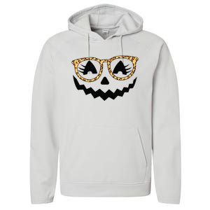 Jack O Lantern Face Pumpkin Halloween Leopard Print Glasses Performance Fleece Hoodie