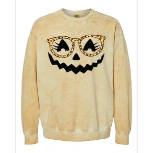 Jack O Lantern Face Pumpkin Halloween Leopard Print Glasses Colorblast Crewneck Sweatshirt