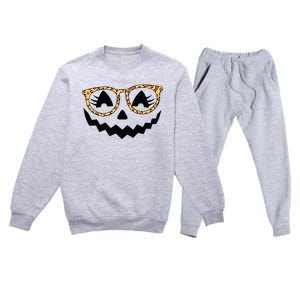 Jack O Lantern Face Pumpkin Halloween Leopard Print Glasses Premium Crewneck Sweatsuit Set