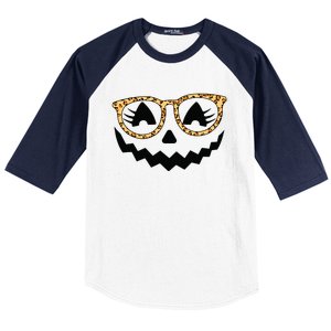 Jack O Lantern Face Pumpkin Halloween Leopard Print Glasses Baseball Sleeve Shirt