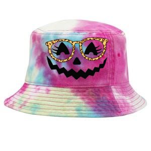 Jack O Lantern Face Pumpkin Halloween Leopard Print Glasses Tie-Dyed Bucket Hat