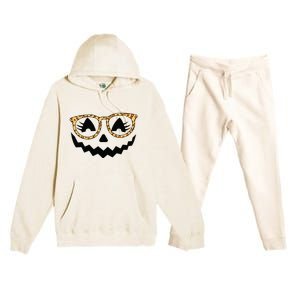 Jack O Lantern Face Pumpkin Halloween Leopard Print Glasses Premium Hooded Sweatsuit Set