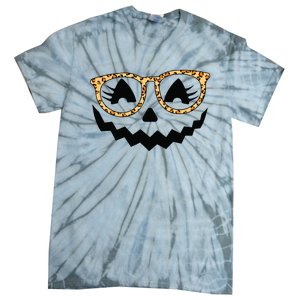 Jack O Lantern Face Pumpkin Halloween Leopard Print Glasses Tie-Dye T-Shirt