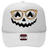 Jack O Lantern Face Pumpkin Halloween Leopard Print Glasses High Crown Mesh Back Trucker Hat