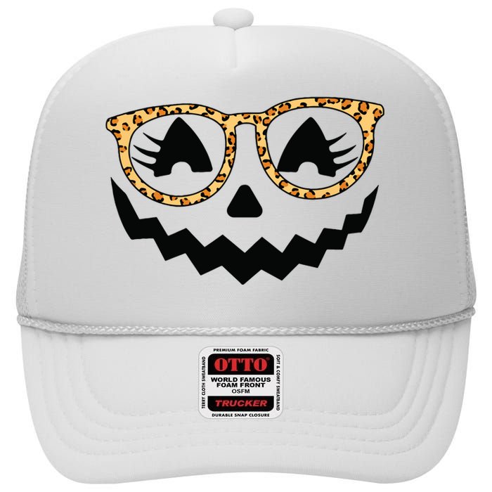 Jack O Lantern Face Pumpkin Halloween Leopard Print Glasses High Crown Mesh Back Trucker Hat