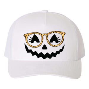 Jack O Lantern Face Pumpkin Halloween Leopard Print Glasses Yupoong Adult 5-Panel Trucker Hat