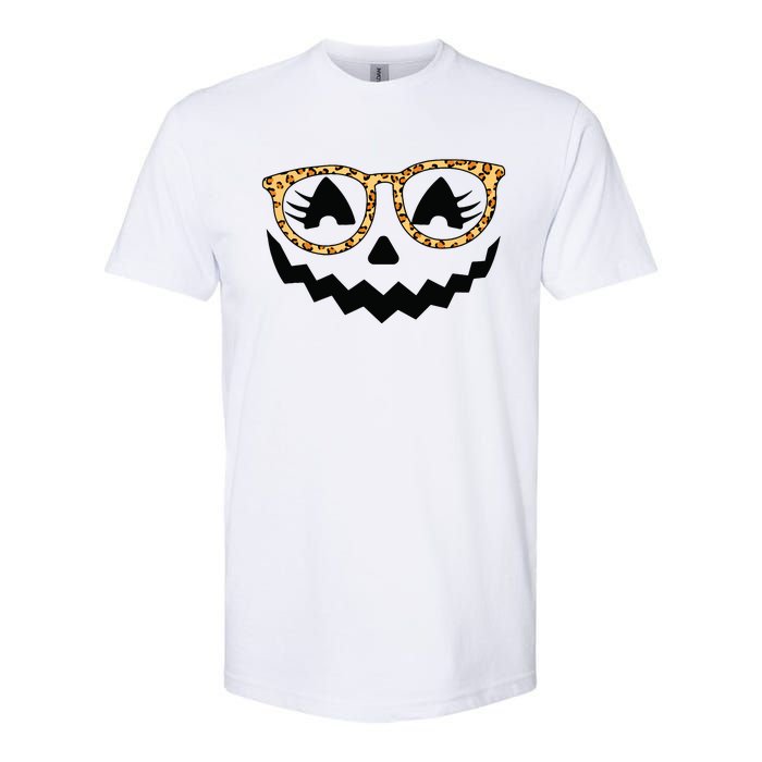 Jack O Lantern Face Pumpkin Halloween Leopard Print Glasses Softstyle CVC T-Shirt