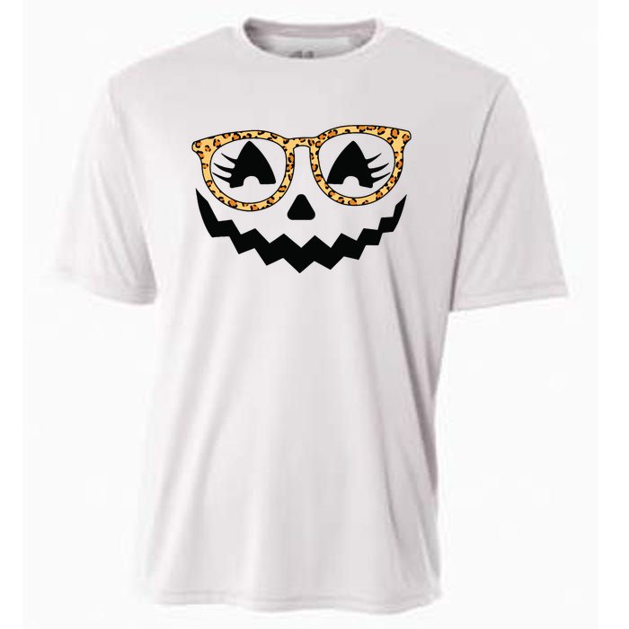 Jack O Lantern Face Pumpkin Halloween Leopard Print Glasses Cooling Performance Crew T-Shirt