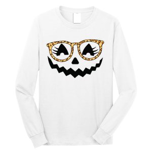 Jack O Lantern Face Pumpkin Halloween Leopard Print Glasses Long Sleeve Shirt