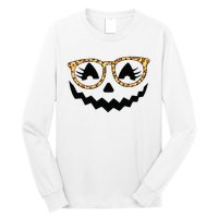 Jack O Lantern Face Pumpkin Halloween Leopard Print Glasses Long Sleeve Shirt