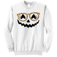 Jack O Lantern Face Pumpkin Halloween Leopard Print Glasses Sweatshirt