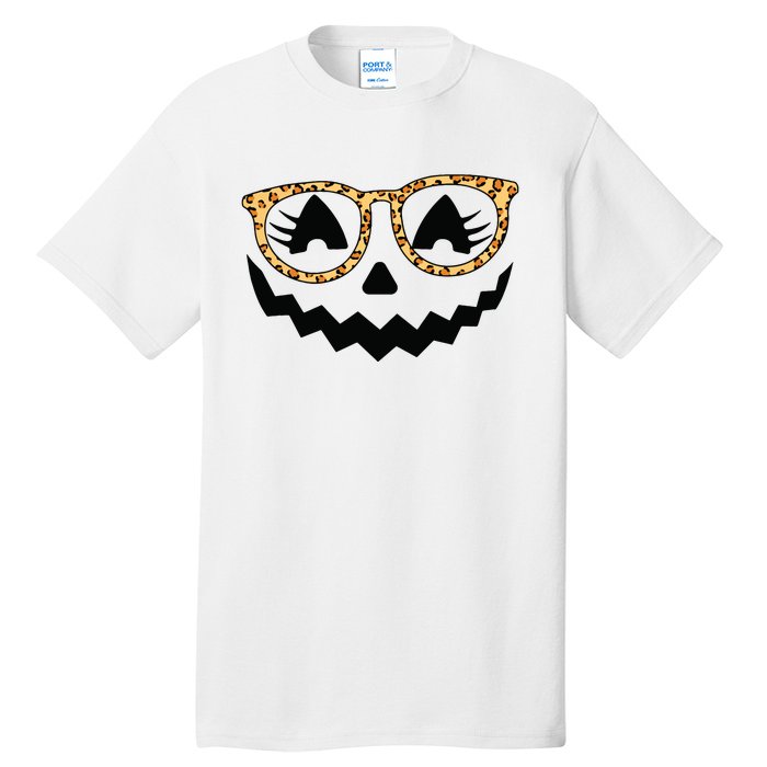 Jack O Lantern Face Pumpkin Halloween Leopard Print Glasses Tall T-Shirt