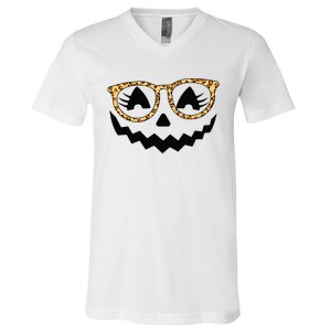 Jack O Lantern Face Pumpkin Halloween Leopard Print Glasses V-Neck T-Shirt