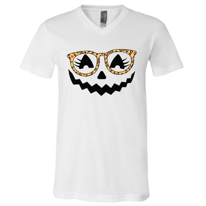 Jack O Lantern Face Pumpkin Halloween Leopard Print Glasses V-Neck T-Shirt