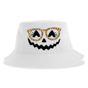 Jack O Lantern Face Pumpkin Halloween Leopard Print Glasses Sustainable Bucket Hat