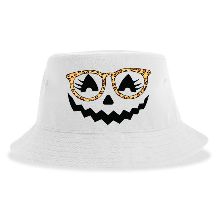 Jack O Lantern Face Pumpkin Halloween Leopard Print Glasses Sustainable Bucket Hat