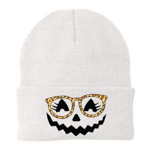 Jack O Lantern Face Pumpkin Halloween Leopard Print Glasses Knit Cap Winter Beanie