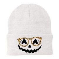 Jack O Lantern Face Pumpkin Halloween Leopard Print Glasses Knit Cap Winter Beanie