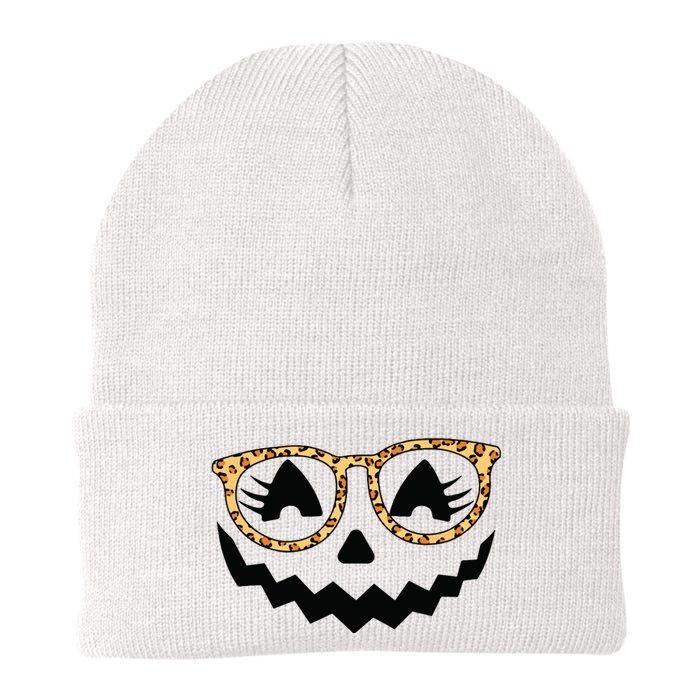 Jack O Lantern Face Pumpkin Halloween Leopard Print Glasses Knit Cap Winter Beanie