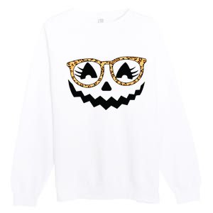 Jack O Lantern Face Pumpkin Halloween Leopard Print Glasses Premium Crewneck Sweatshirt