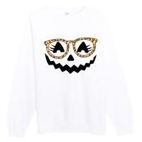 Jack O Lantern Face Pumpkin Halloween Leopard Print Glasses Premium Crewneck Sweatshirt