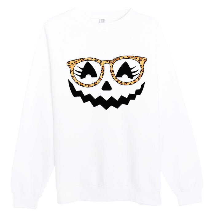 Jack O Lantern Face Pumpkin Halloween Leopard Print Glasses Premium Crewneck Sweatshirt