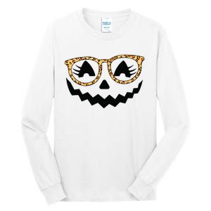 Jack O Lantern Face Pumpkin Halloween Leopard Print Glasses Tall Long Sleeve T-Shirt