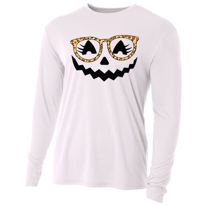 Jack O Lantern Face Pumpkin Halloween Leopard Print Glasses Cooling Performance Long Sleeve Crew