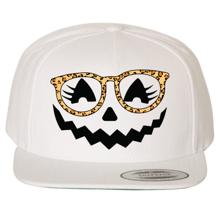 Jack O Lantern Face Pumpkin Halloween Leopard Print Glasses Wool Snapback Cap