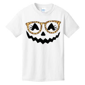 Jack O Lantern Face Pumpkin Halloween Leopard Print Glasses Kids T-Shirt