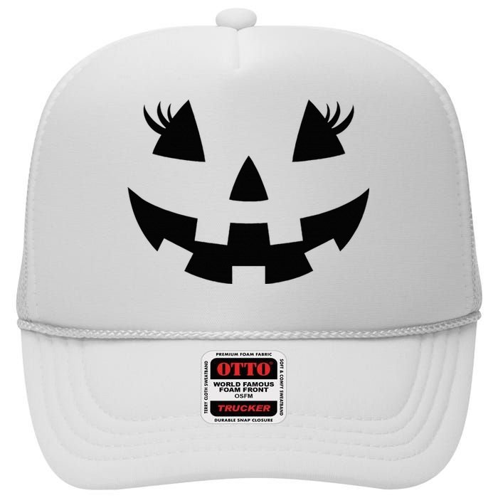 Jack O Lantern Face Pumpkin Eyelashes Hallowen Costume Funny High Crown Mesh Back Trucker Hat