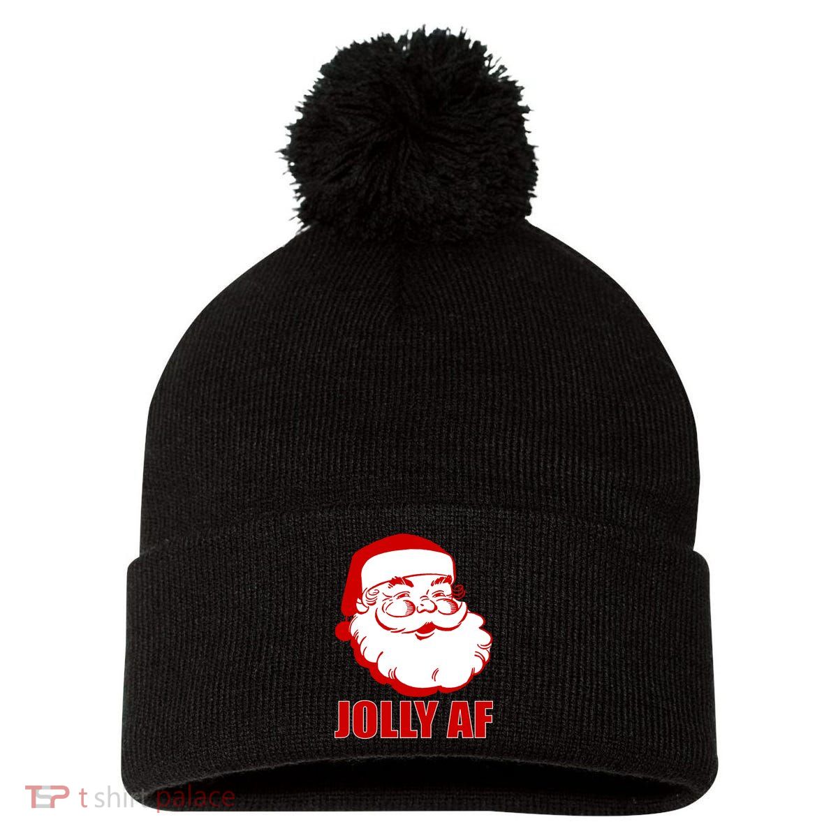 Jolly AF Santa Christmas Pom Pom 12in Knit Beanie