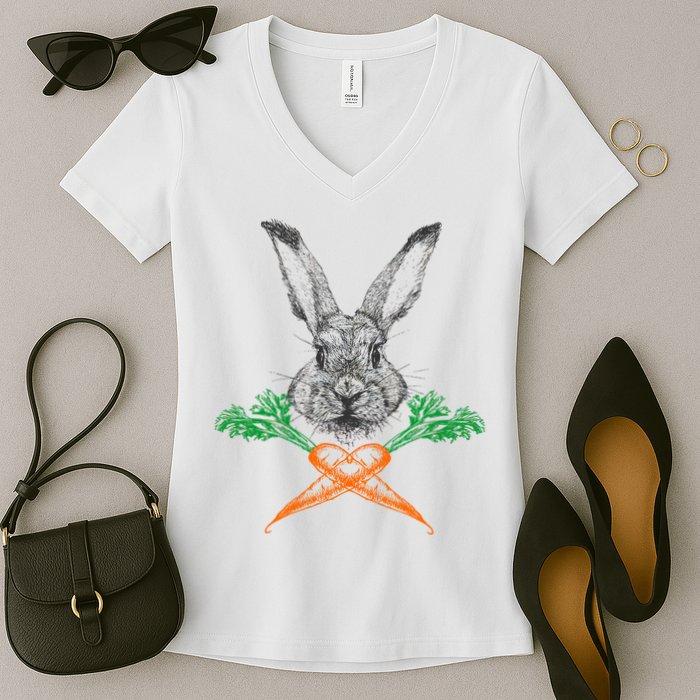 Jolly Roger Easter Bunny Crossbone Carrots Rabbit Women's V-Neck T-Shirt