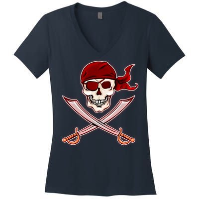 Jolly Roger Pirate Skull Flag Logo Women's V-Neck T-Shirt