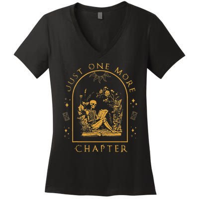 Just One More Chapter Vintage Skeleton Reading Book Reader Women's V-Neck T-Shirt