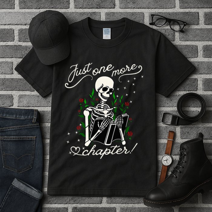 Just One More Chapter Funny Books Skeleton Bookworm Tall T-Shirt