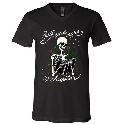 Just One More Chapter Funny Books Skeleton Bookworm V-Neck T-Shirt