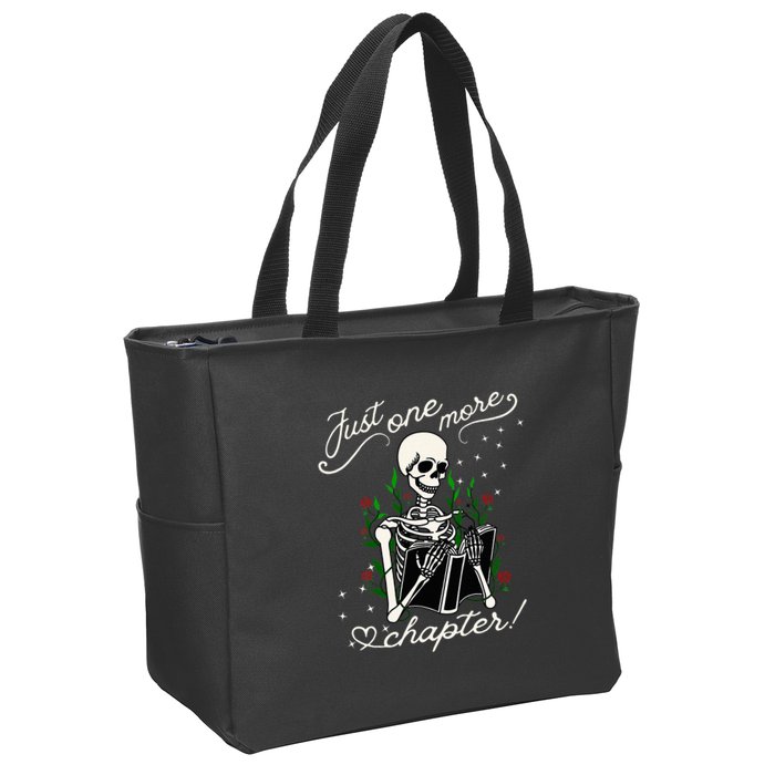 Just One More Chapter Funny Books Skeleton Bookworm Zip Tote Bag