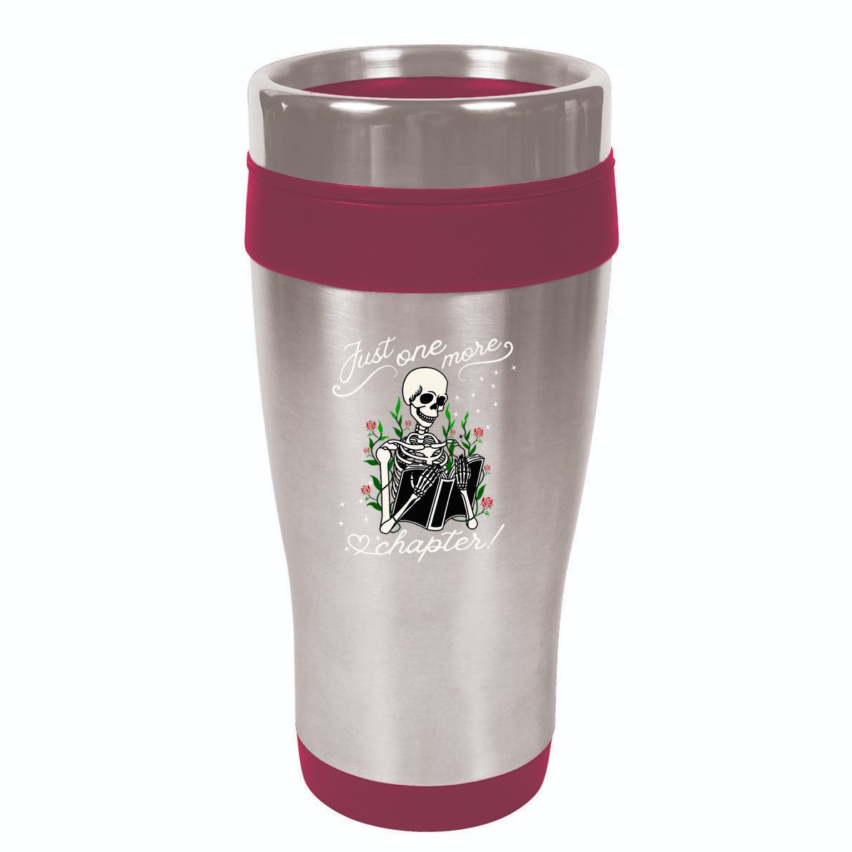 Just One More Chapter Funny Books Skeleton Bookworm 16oz Travel Tumbler