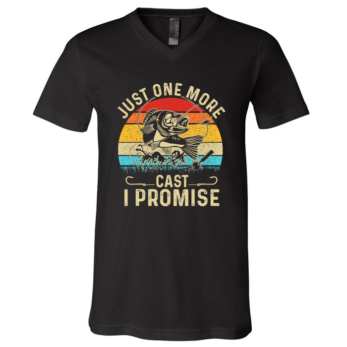 Just One More Cast I Promise Bass Fishing Funny Angler Retro V-Neck T-Shirt