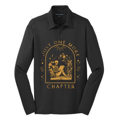 Just One More Chapter Vintage Skeleton Reading Book Reader Silk Touch Performance Long Sleeve Polo