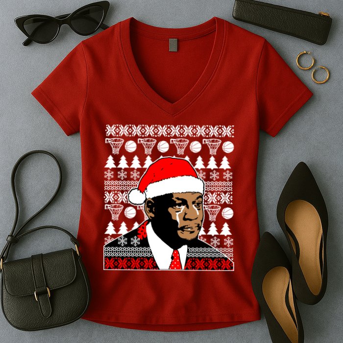 Jordan Crying Meme Ugly Christmas Sweater Design Women's V-Neck T-Shirt