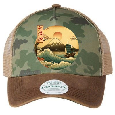 Japanese Old Ship And Mountain Fuji Kanji Japan Art Legacy Tie Dye Trucker Hat