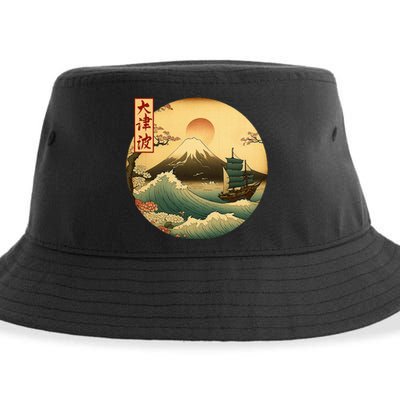 Japanese Old Ship And Mountain Fuji Kanji Japan Art Sustainable Bucket Hat